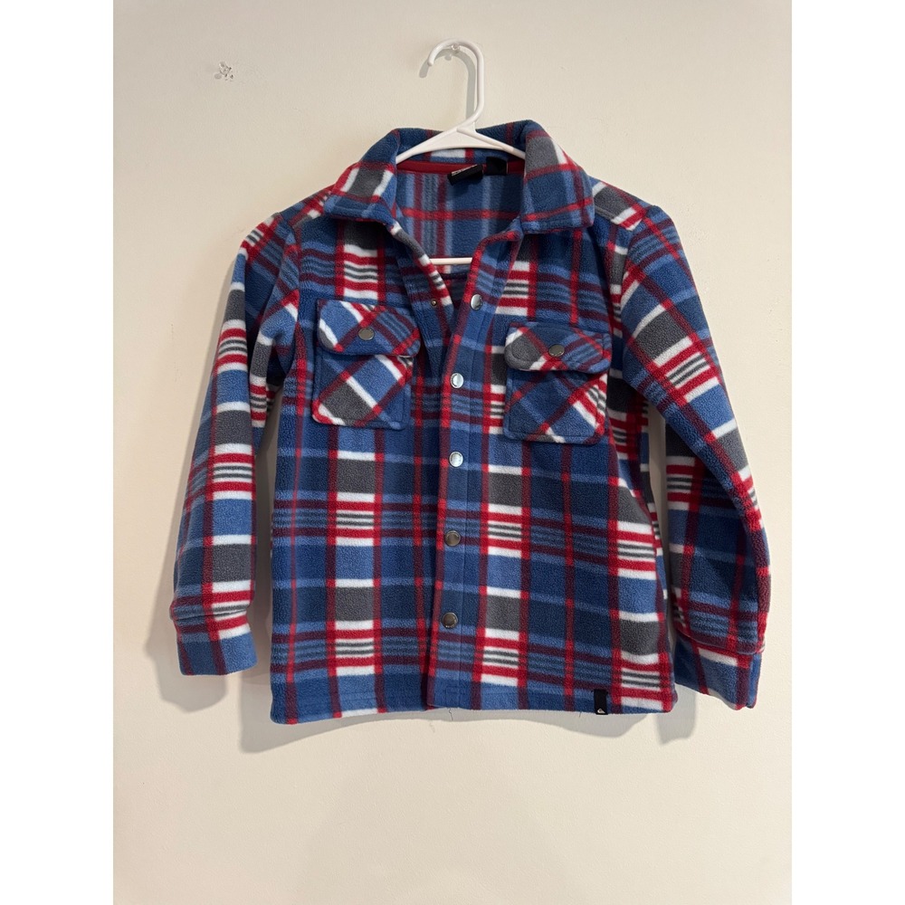 Quiksilver Plaid Fleece Snap Front Shirt Boys Size XS 5/6 Blue Red Soft Layer